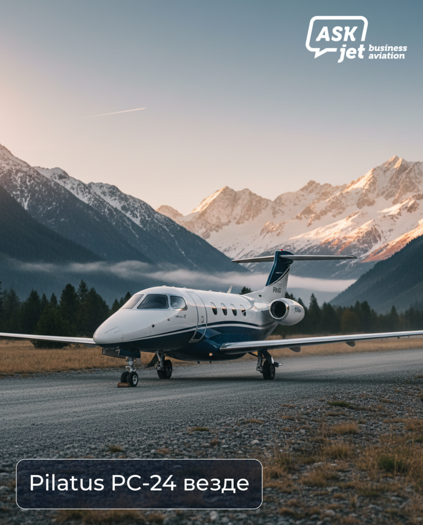 Pilatus PC-24 на грунтовой взлётно-посадочной полосе в горах